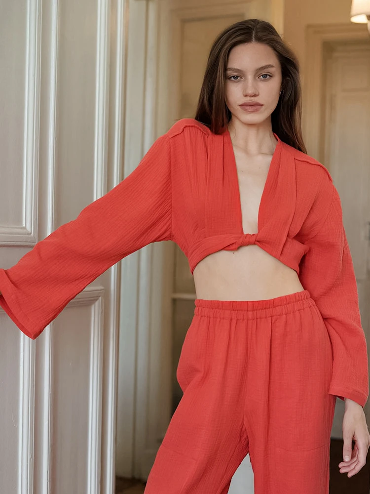 

Hiloc Lacing Cotton Pajamas For Women Sleepwear Slit Sets Womens Outfits Long Sleeve Crop Tops High Waist Sleep Clothes 2022