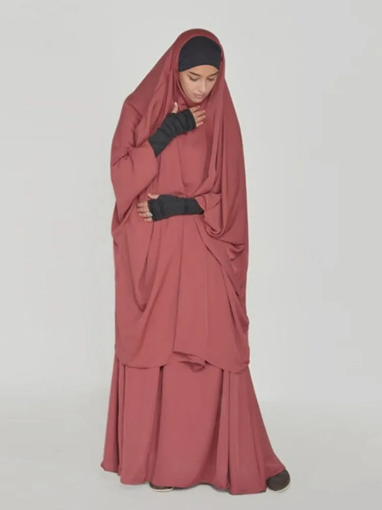 Eid Muslim Women Hijab Long Khimar Prayer Garment Djellaba 2 Piece Jilbab Set Abaya Ramadan Gown Dubai Arab Niqab Burka Jubah