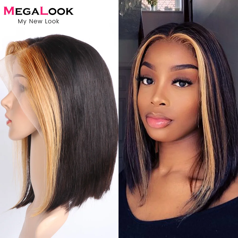 

Highlight Bob Wig Ombre T Part Lace Human Hair Wigs For Women Mix Color Wig MEGALOOK Brazilian Straight Short Bob Wigs #30 Brown