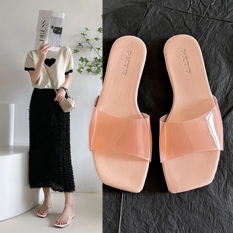 

Туфли женские прозрачные, Искусственная резина, низкий каблук, плоская подошва, сланцы, базовая ткань, большие размеры, лето 2023