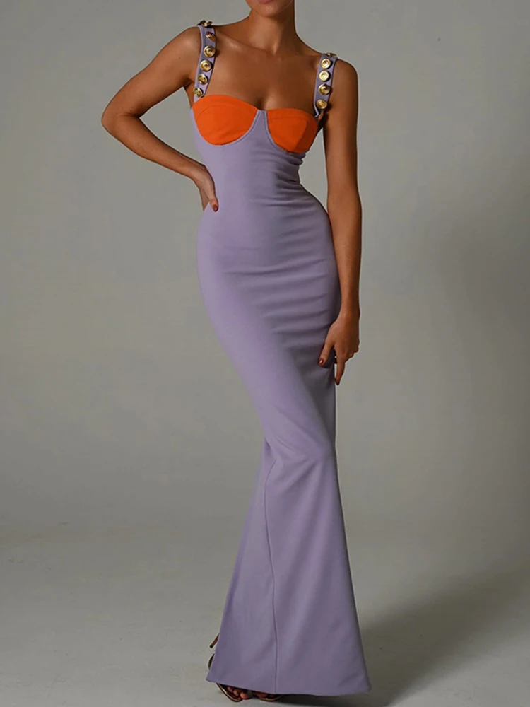 

InstaHot 2023 Summer Elegant Sexy Dresses Party Sleeveless Backless Women Long Bodycon Maxi Dress Club Button Strap Panelled