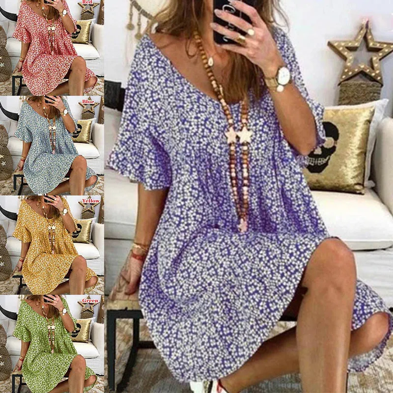 

Женское летнее свободное платье с коротким рукавом и V-образным вырезом