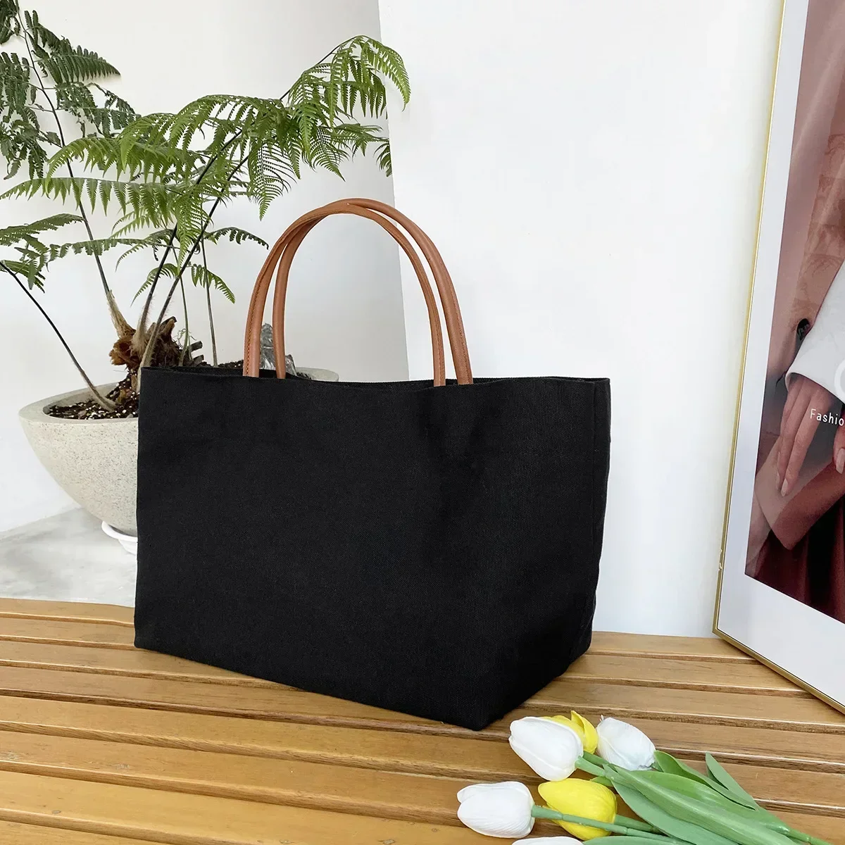 Белая черная сумка на плечо классическая парусиновая для хранения книг