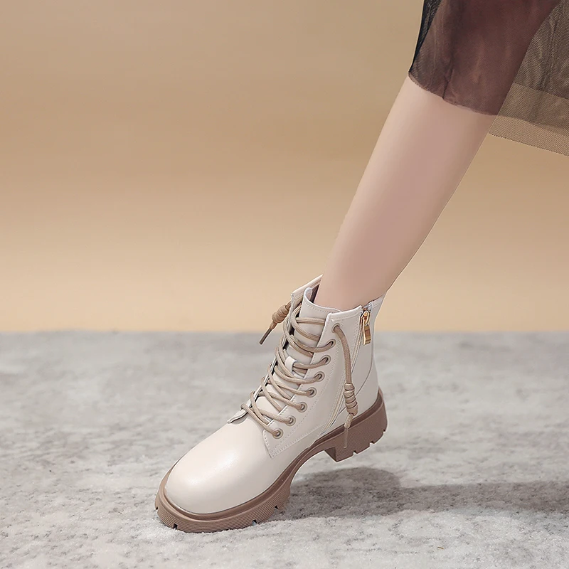 Beige Combat Boots For Women Platform Motorcycle Boots 2022 New Fashion Lace Up PU Leather Short Ankle Boots Female Designer