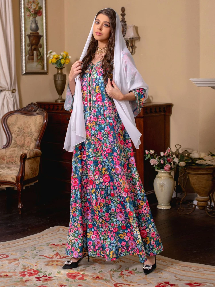 

Eid, мусульманская женская абайя, Марокканское дневное платье, элегантные молитвенные платья с длинным рукавом и цветочным принтом, платья м...