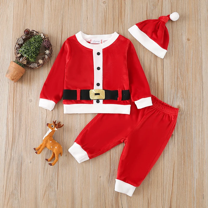 

Infant Baby Clothes Girls Boys Christmas Outfit Patchwork Round Neck Long Sleeve Velvet Tops Black Belt Long Pants Hat 3Pcs Set
