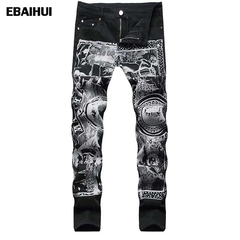 

EBAIHUI Stretch Jeans Men’s High Quality 3D Flame Stretch Denim Pants High Street Casual Hip Hop Graffiti Black Jeans for Men