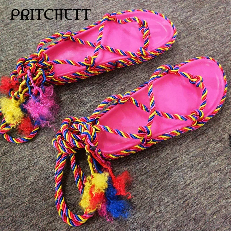 Blue and Red Color-Block Woven Flip-Flops Woven Heightened Round Toe Cross-Strap Sandals Fashion Tassel Platform Sandals