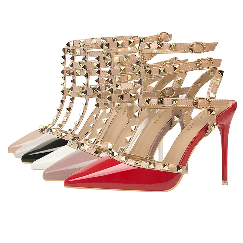 Women's PU Pointed Thin Heel Metal Rivet Hollow Out High Heels