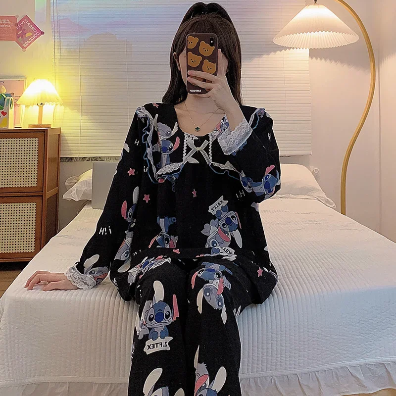 Новинка Осенняя Хлопковая пижама Disney Stitch Женская милая стильная Домашняя одежда