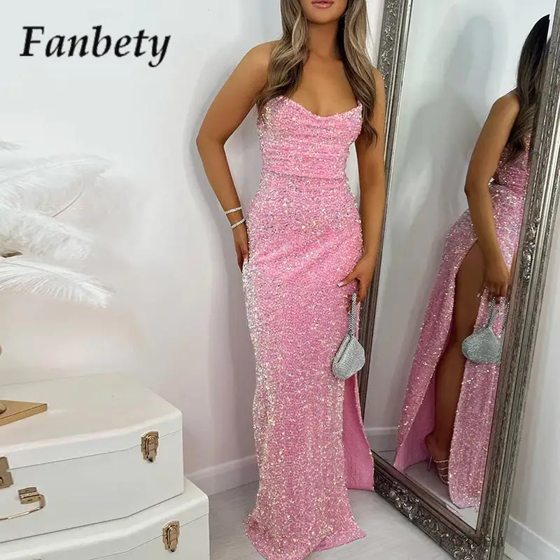 

Женское элегантное однотонное платье на бретелях-спагетти с блестками, летнее модное пляжное платье с вырезом лодочкой, женские сексуальные длинные платья с высоким разрезом