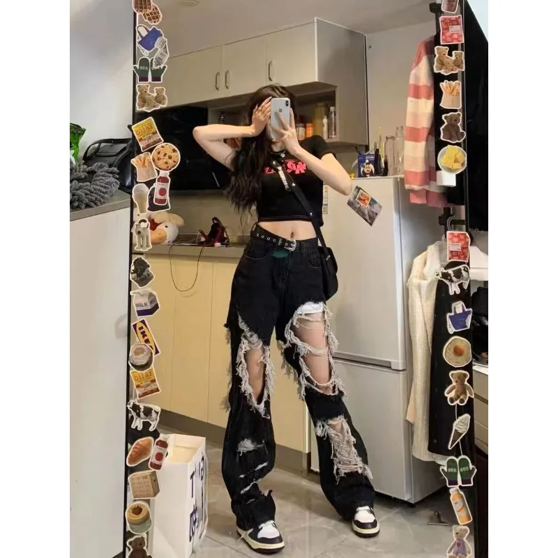 Женские рваные джинсы с завышенной талией заусенцами и кисточками свободные