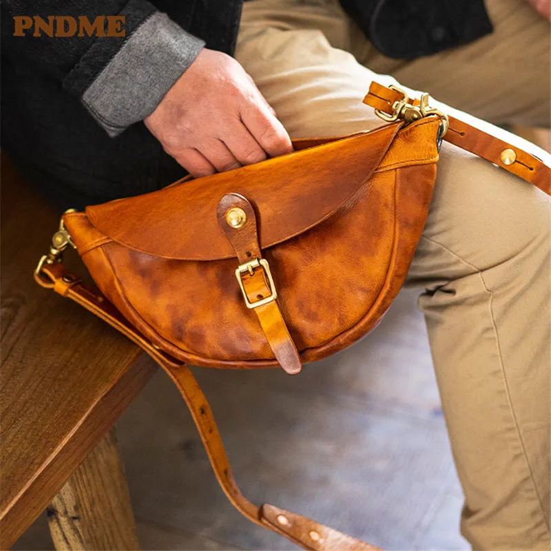 PNDME fashion personality designer luxury genuine leather men's shoulder bag outdoor natural real cowhide small messenger bag