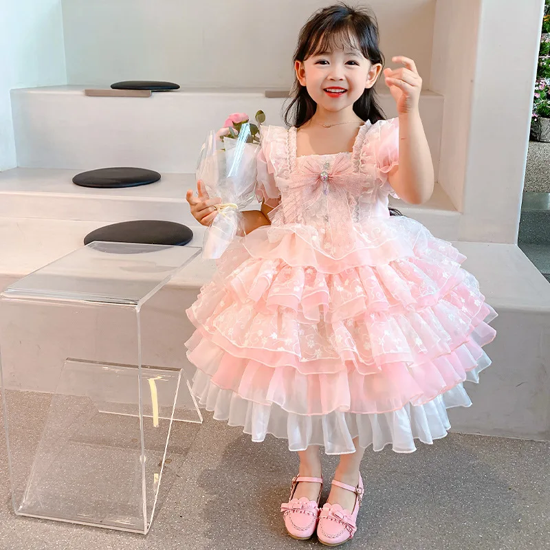 

Spanish Girls Boutique Dress Baby Birthday Party Dresses Kids Lace Bow Gown Toddler Girl Princess Lolita Robe Infant Clothing