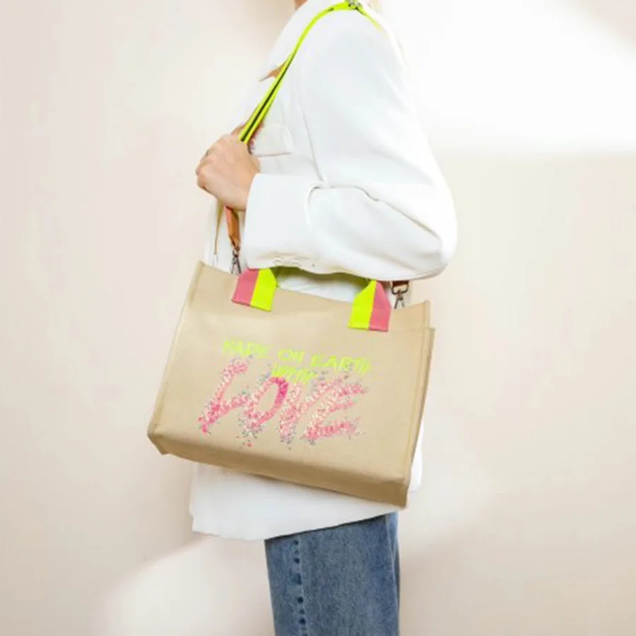 

Sequin Letters Canvas Tote for Women Casual Handbags Designer Brand Shoulder Crossbody Bag Ladies Beach Vacation Shopper Bags