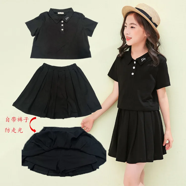 

Новая удобная одежда для девочек, летняя бейсбольная форма, плиссированная юбка, из двух предметов, сетчатый красный свитер в иностранном стиле, костюм для мам и детей