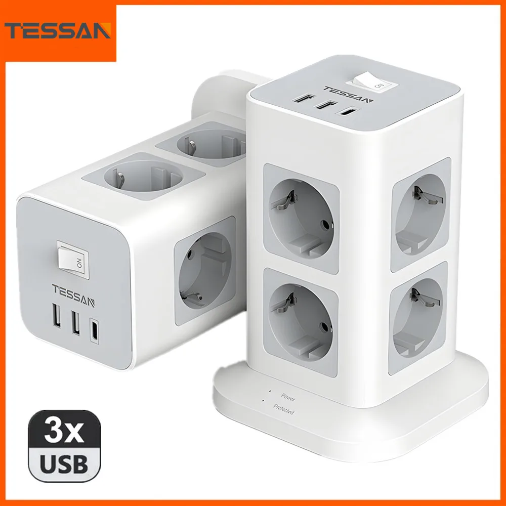 

TESSAN Vertical Power Strip Surge Protector with AC Outlets USB Ports 2M Extension Cable EU Plug Tower Multi-tap Electric Socket