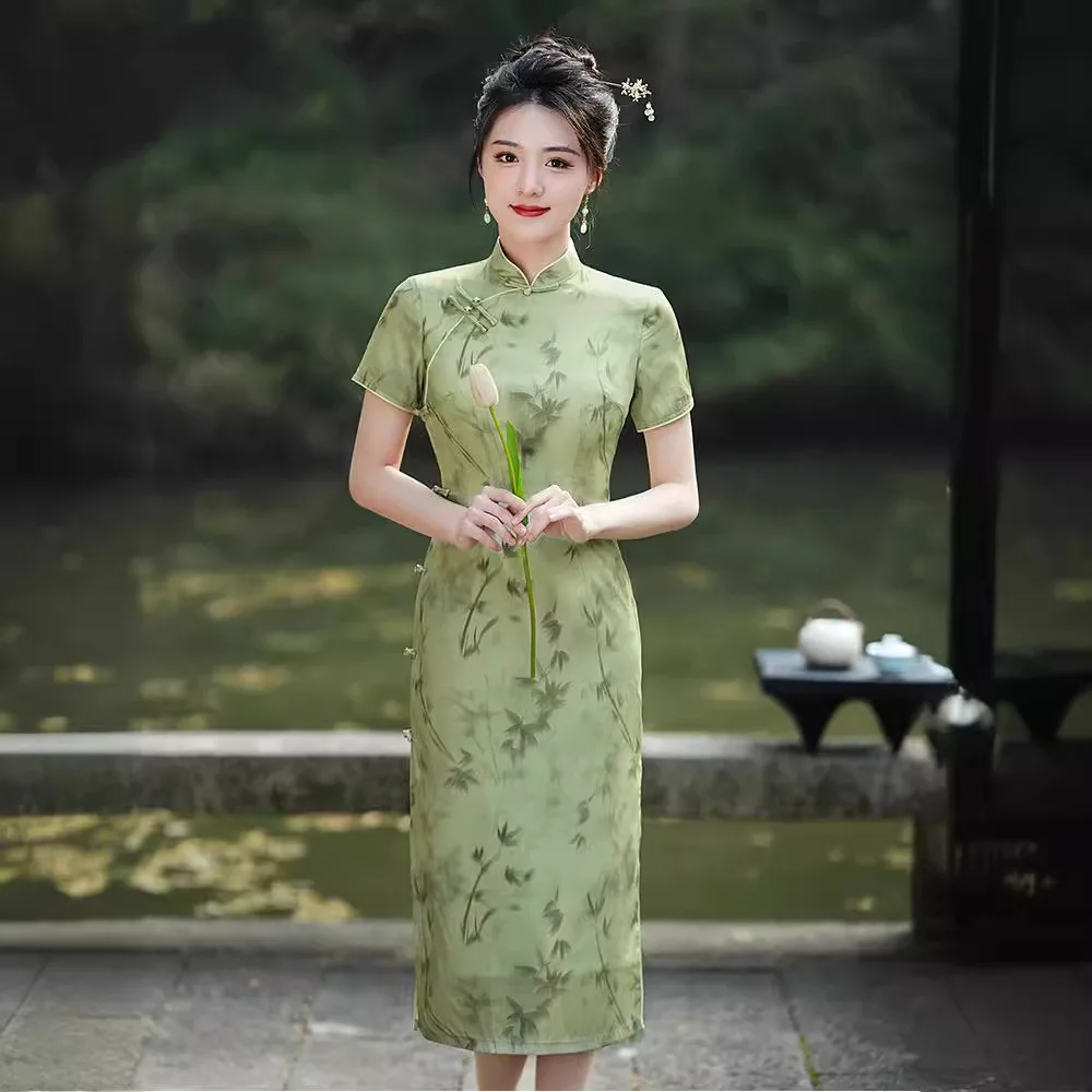 Женское винтажное платье-Ципао средней длины зеленое платье в китайском стиле с