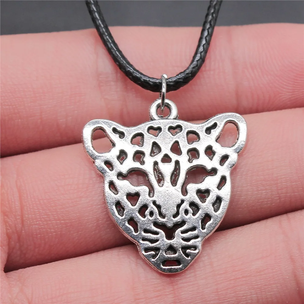 

Dropshipping 2 Colors 28x26mm Leopard Head Pendant Faux Black Leather Rope Chain Necklace