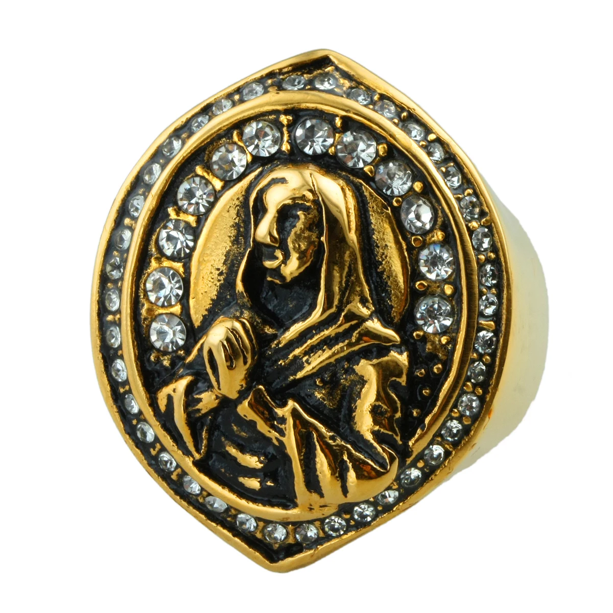 

Vintage Gold Color Stainless Steel Ring Inlay Clear White Rhinestone Jesus Pattern For Religion Jewelry Classic Style