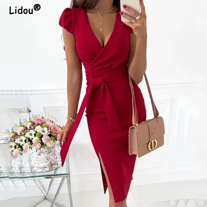 

Sexy Cross V Neck Commute Split Women Midi Dresses Frenulum Splicing Short Sleeve Solid Summer Fashion Female Pencil Dress 3XL