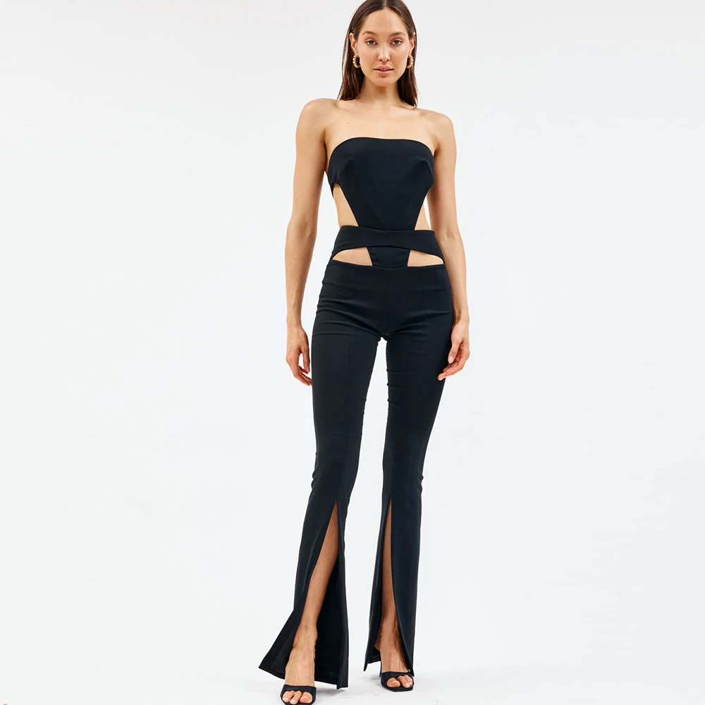 

2022 Summer New Women'S Black Sexy Strapless Hollow Out Wide Leg Split Bandage Jumpsuit Bodycon Club Party Runway Jumpsuit