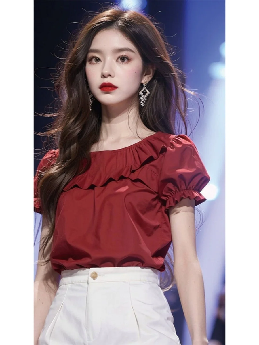 Женская рубашка с коротким рукавом красная оборками во французском стиле Милый