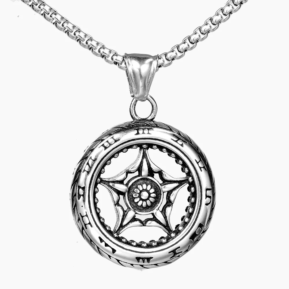 

Megin D Stainless Steel Titanium Rudder Vintage Tyre Latin Number Round Pendant Collar Chain Necklace for Men Women Gift Jewelry