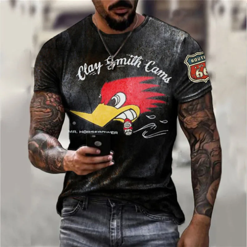 

2022 New Smoking Woodpecker Animal HD Print Short Sleeve Summer Plus Size Retro Loose Men's T-Shirt Hip Hop Style O-Neck Top