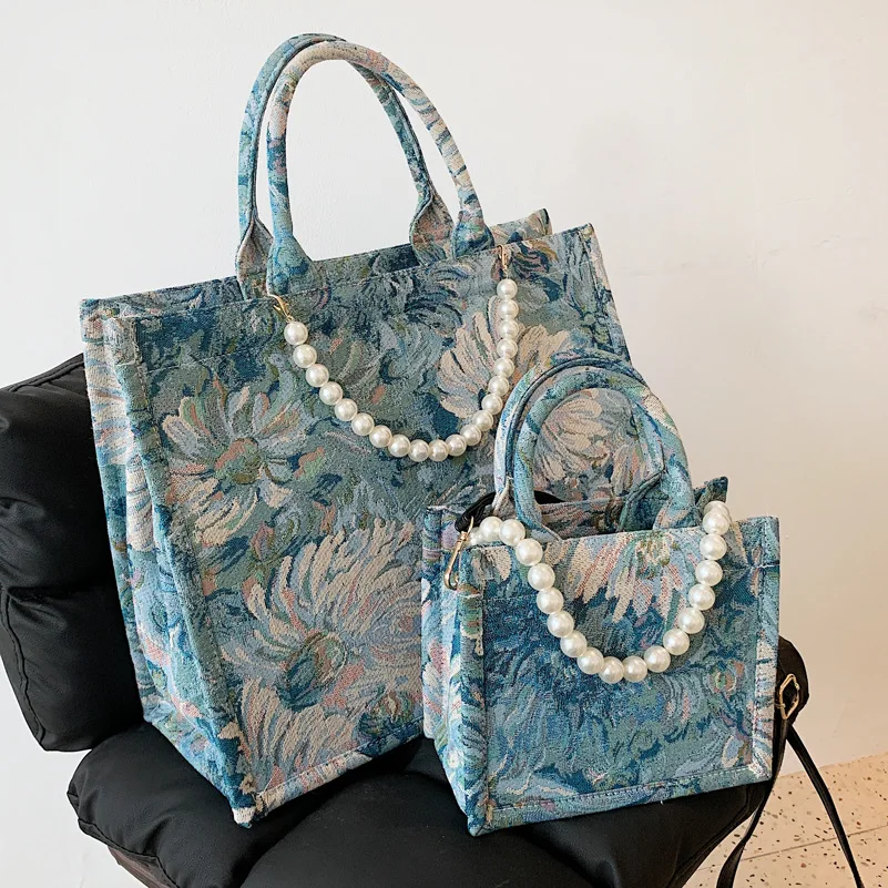 

Женская сумка из масляной холщовой ткани, модель 2023 года, новая вместительная сумка-Кроссбоди на одно плечо, дизайнерская ручная сумка с цепочкой и жемчужинами