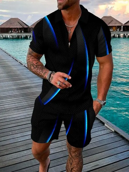 

Summer Leisure Sports Lapel Fashion Street Print Suit Men's Sport Zip Polo Short Sleeve Shorts 2-Piece Suit beach clothing