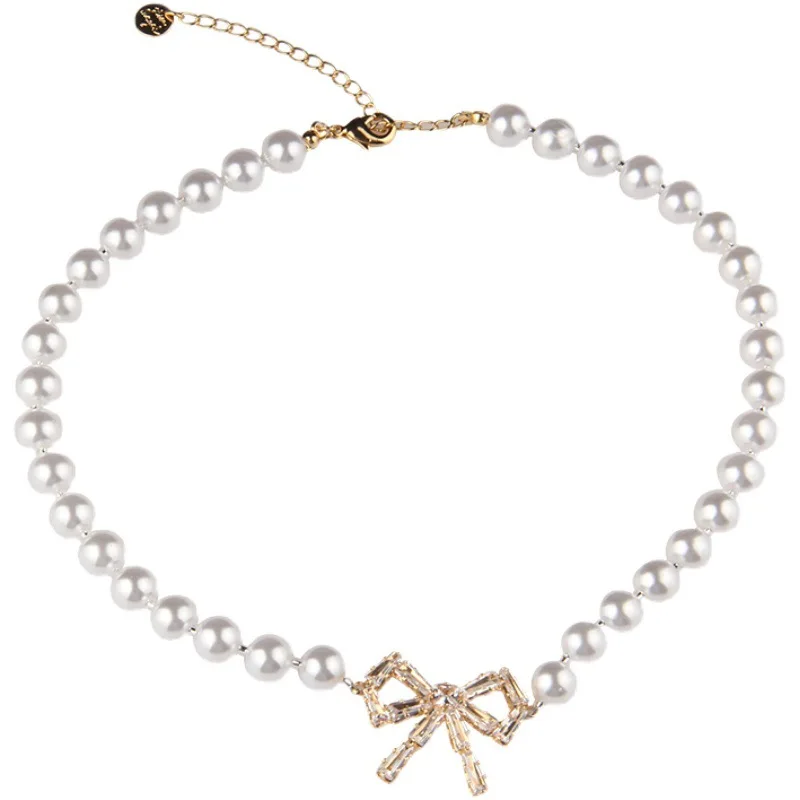 Корейские элегантные жемчужные бусы ожерелье для женщин модное Стразы с бантом