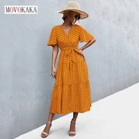 movokaka summer women dots printed folds long dress party holiday casual beach short sleeve vestidos office lady elegant dresses