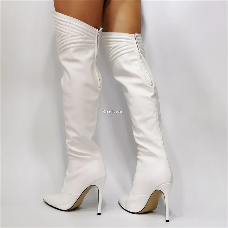 Fantasy White Over The Knee Boots Woman Sexy Pointed Toe Super High Heels Thigh High Boots Fashion Dress Zipper Thin Heels Shoes