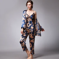 womens silk satin pajamas set 3 pcs floral silky pj sets sleepwear cami nightwear with robe and pant