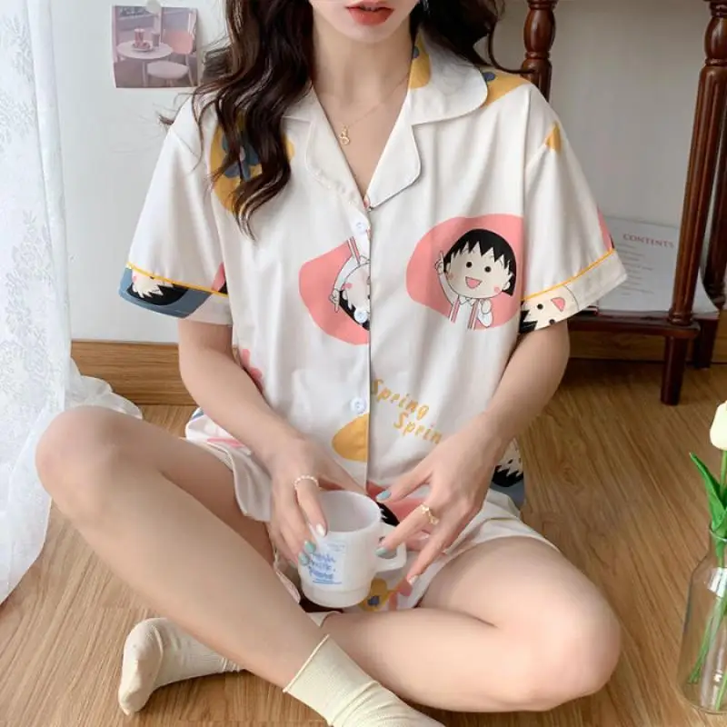 

Kawaii Chibi Maruko-Chan Anime Pajamas Women's Summer Short-Sleeved Shorts Thin Section Home Service Suit Can Be Worn Outside