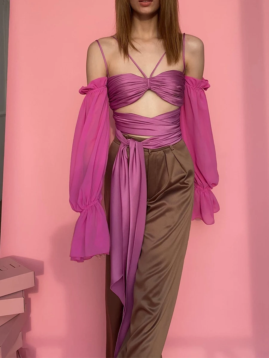 

Женская летняя и осенняя однотонная Повседневная пикантная кофта с вырезами, футболки с длинным рукавом, топы на бретелях-спагетти с перекрестными завязками