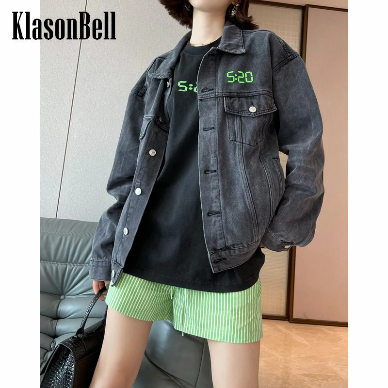 

6,5 KlasonBell светящаяся джинсовая куртка с цифровым принтом или свободная футболка средней длины для женщин
