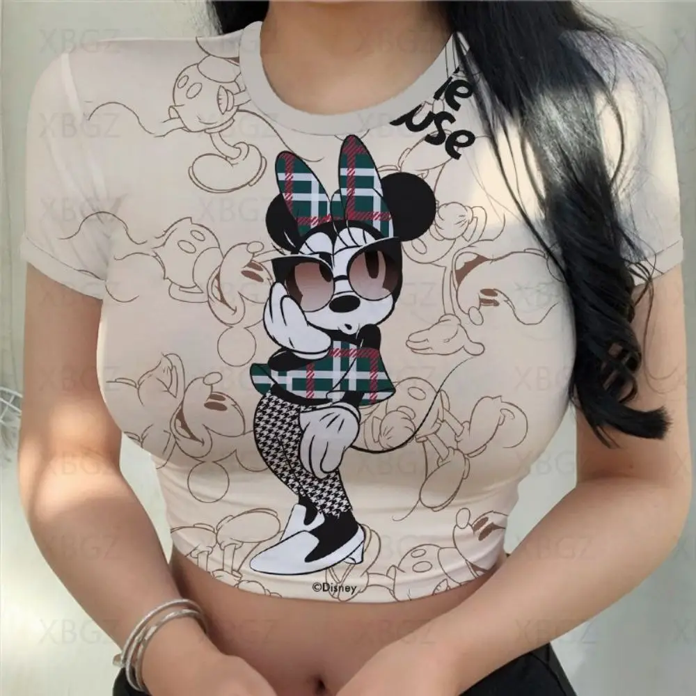 Crop Top Disney Women's T-shirt Minnie Mouse Woman Clothes Tight Fashion Blouses 2022 Party Y2k Sexy T-shirts Slim Fit Cartoon