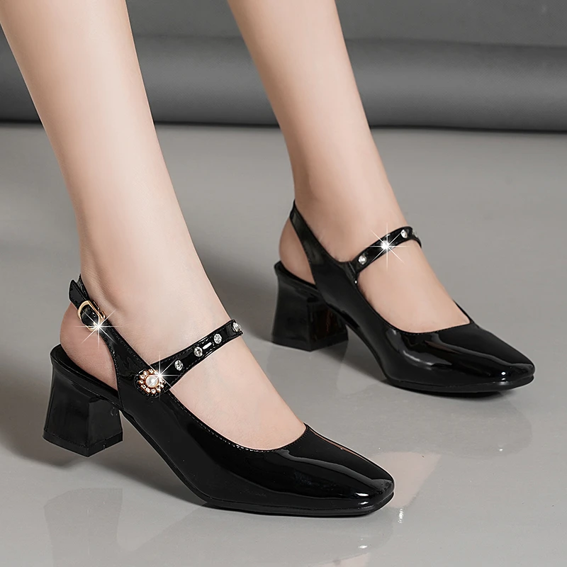 Ladies Pearls Buckle Mary Jane Sandal High Heels Office Dress Shoes Women's Sandals Pointed Toe Slingbacks Patent Leather Pumps