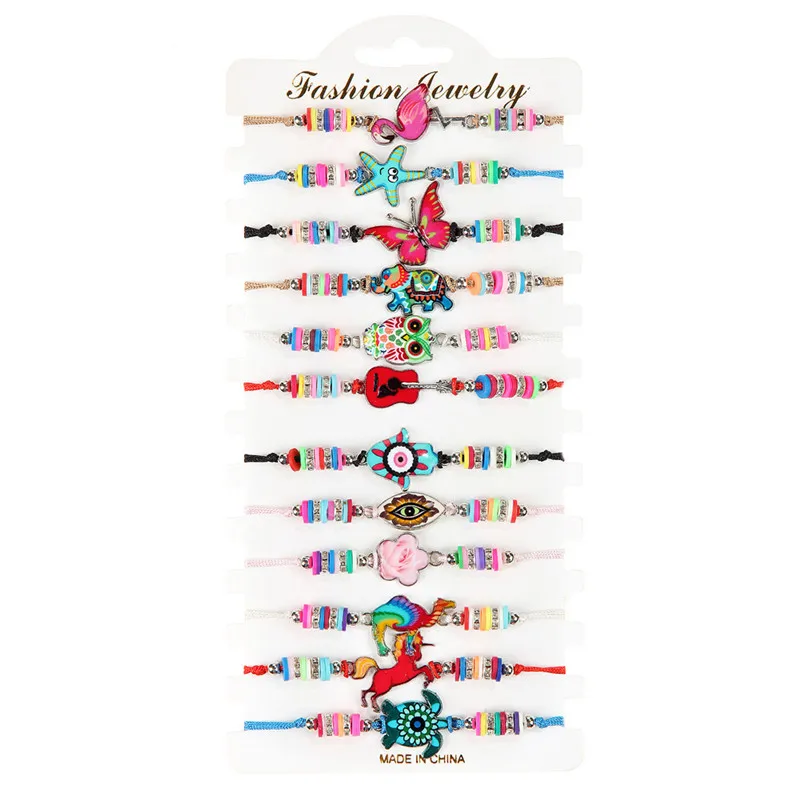 12Pcs/lot Clay Bead Enamel Turtle Animal Charms Braided Bracelet Set Women Child Adjustable Rope Wristband Bracelet Jewelry Gift