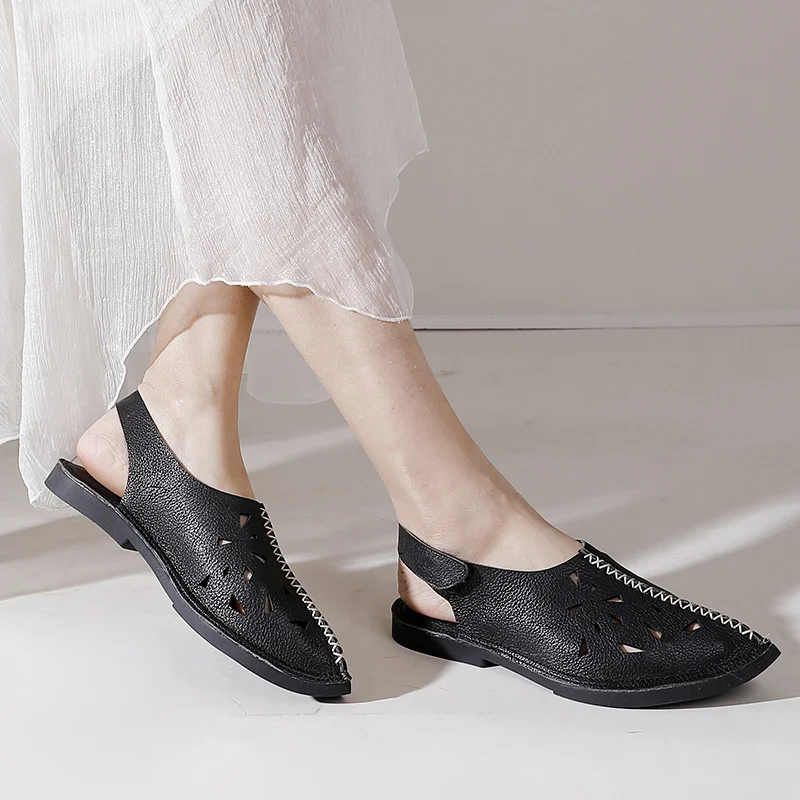 

Сандалии женские из натуральной кожи, с острым носком, с вырезами, туфли с закрытым носком, плоская подошва, роскошные пляжные босоножки в ретро стиле