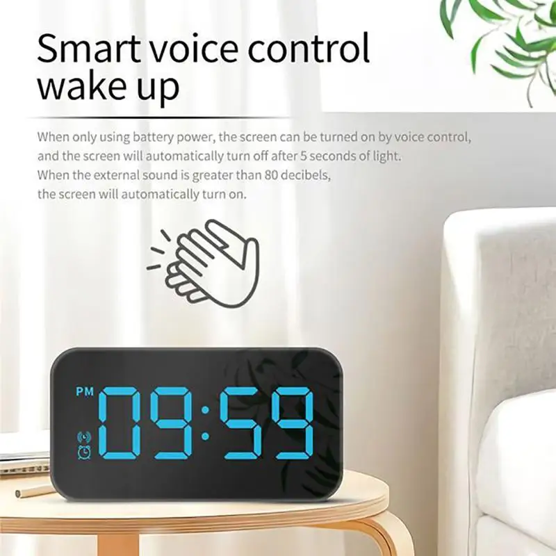 

Digital LED Mirrow Screen Alarm Clocks USB Charging Voice Control Table Clock for Bedroom Snooze Function Digital Table Clock