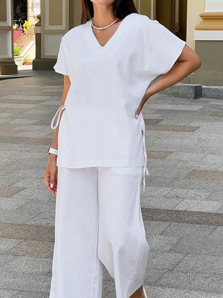 

Linad Loose Women's Home Clothes 2 Piece Sets Cotton V Neck Short Sleeve Sleepwear Female 2023 Summer Casual Trouser Suits