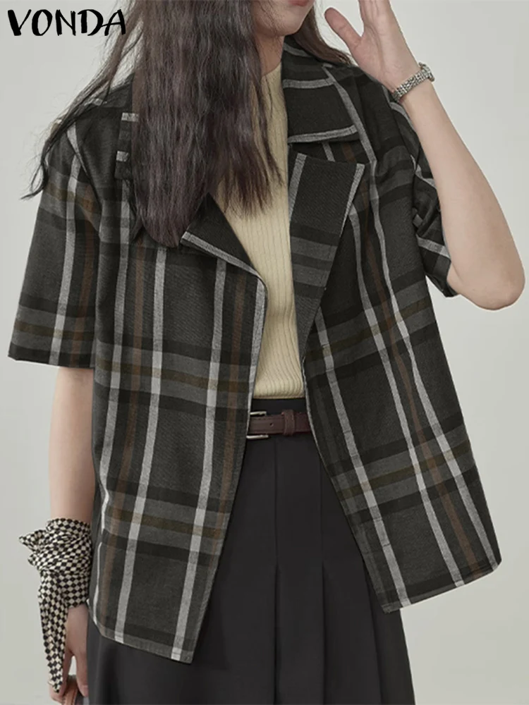 

Женский клетчатый Блейзер 2023 VONDA, модные элегантные пальто, Женский Повседневный костюм, пикантный свободный облегающий костюм с коротким рукавом, Женские Мешковатые костюмы
