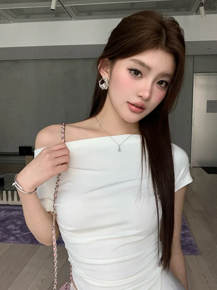 Асимметричные сексуальные однотонные базовые повседневные женские футболки с