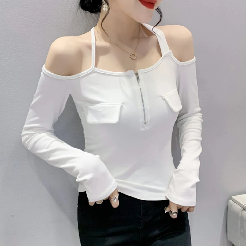 Купи Off Shoulder T Shirt Women Korean Fashion Woman Clothes Zipper Long Sleeve Tees Slim Cotton Tshirt 2022 Spring Autumn Womens Top за 956 рублей в магазине AliExpress
