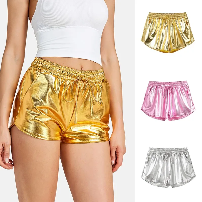 Women Shorts Pants Sexy Silver Metallic Shorts Mid Waist Solid Shorts 2022 Summer PU Shiny Fashion Night Club Dancing Wear