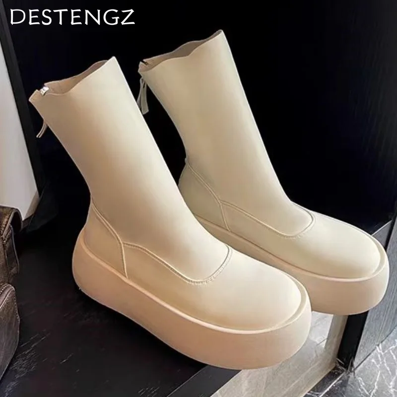 Женские ботильоны на платформе кожаная повседневная обувь плоской подошве