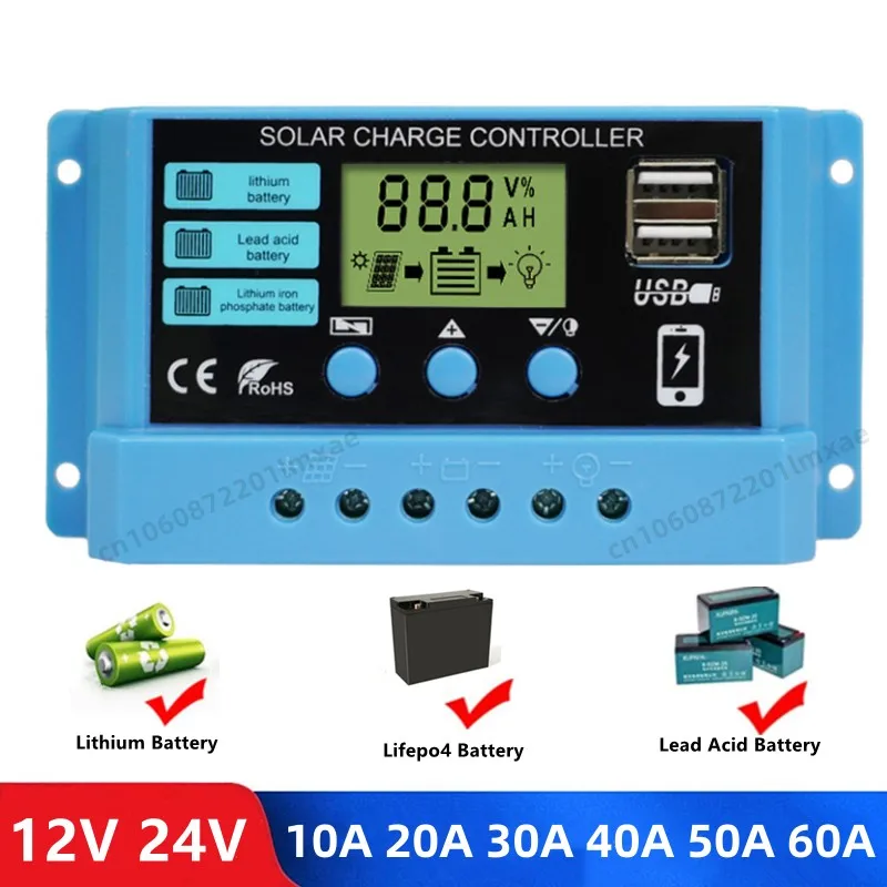 

60A 50A 40A 30A 20A 10A Solar Charge Controller 12V 24V PWM Solar Panel PV Regulator For Lifepo4 Lead Acid Lithium Battery